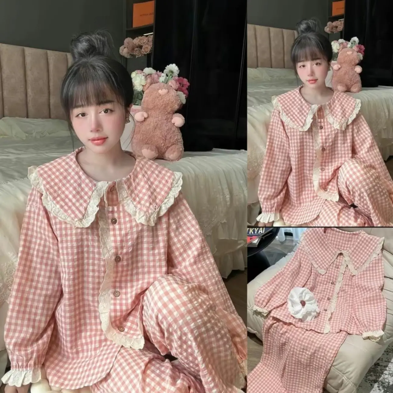 SET BỘ PYJAMA KẺ DÀI BÈO CÚC REN CỰC XINH HOT HANI - HK02