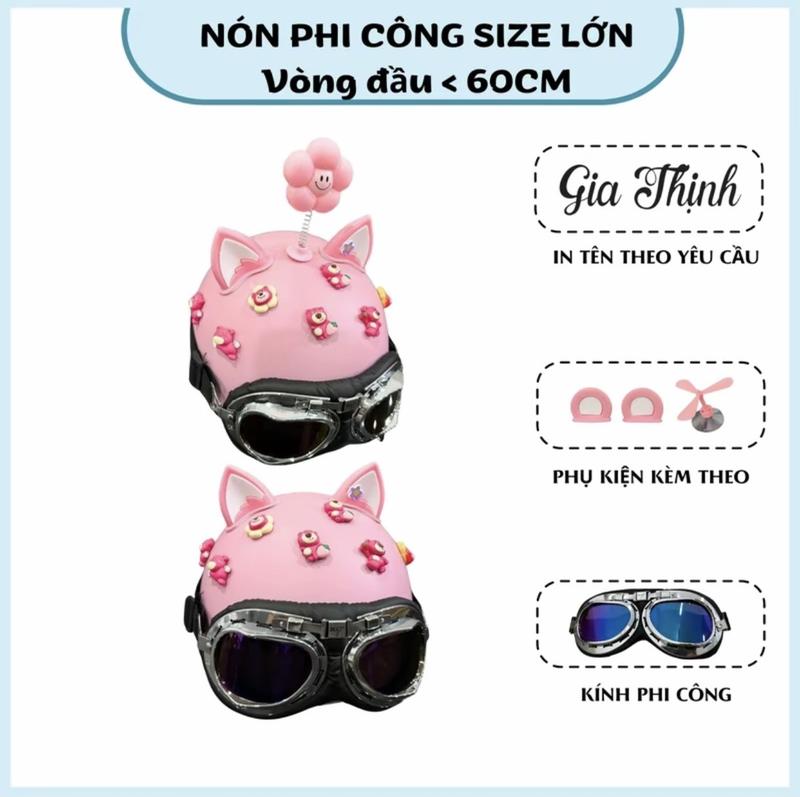 SIZE LỚN Nón Bảo Hiểm Phi Công Kèm Tai Và Phụ Kiện Trang Trí Dễ Thương Mũ Bảo Hiểm Đội Đầu Chạy Xe Đạp 0