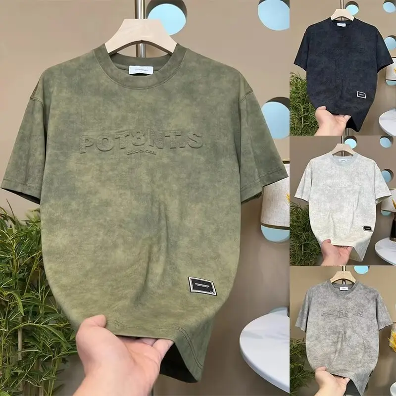 Áo Hoodie Nam, Thời Trang Và Cá Nhân Hóa Mới Mùa Hè, Thiết Kế Phong Cách Tie Dye Với Chữ In Thép, Cổ Tròn Hợp Xu hướng Và Đơn Giản, Dễ Phối Đồ, Thường Ngày, Áo Sơ Mi Ngắn Tay