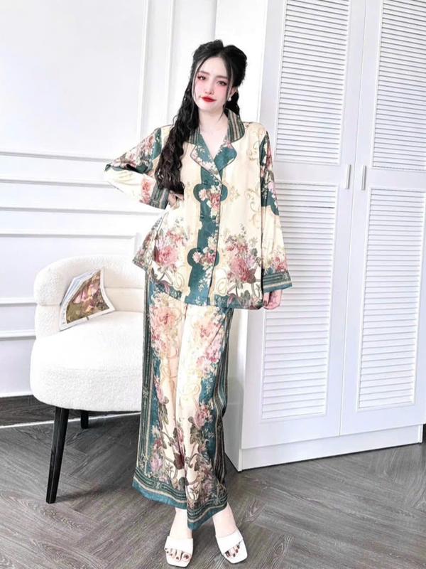 Đồ Bộ Pijama Nữ Lụa Latin Tơ Tằm, Thoáng Mát, Form Vest, Tay Dài Quần Dài, Họa Tiết Loang Màu Xanh Đậm Sang Trọng [Size 45-60kg và 61-75kg], Có Bigsize  Women Dài Tay