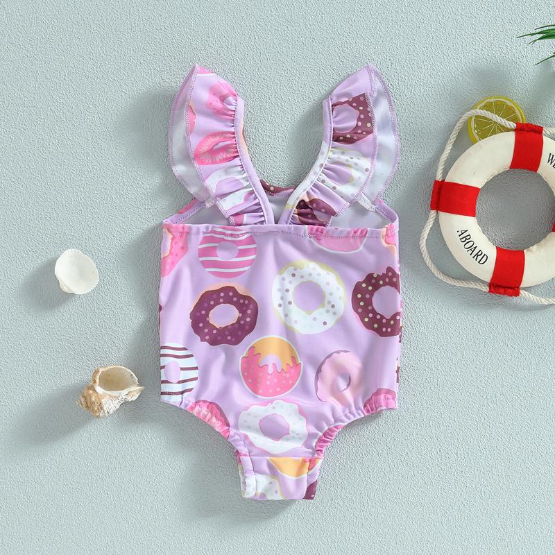 Baby Girls Summer Casual Romper Swimwear Sleeveless Cartoon Donut Print Bathing Suit 1