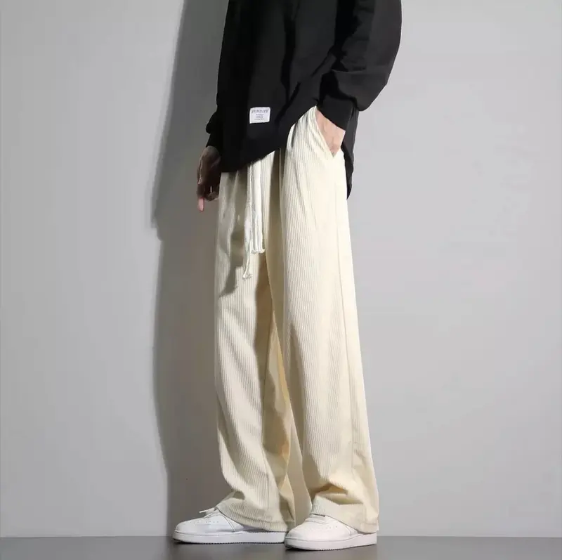 Quần ống rộng nam DOLARO nhung tăm lưng thun kèm dây rút bản lớn Menswear Kem 3
