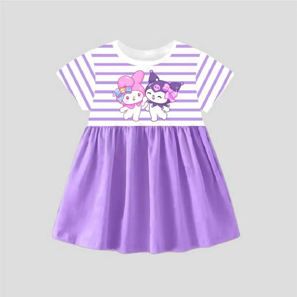 Fanny - Daster kerut salur anak perempuan usia 2-13 tahun motif Kuromi DTF
