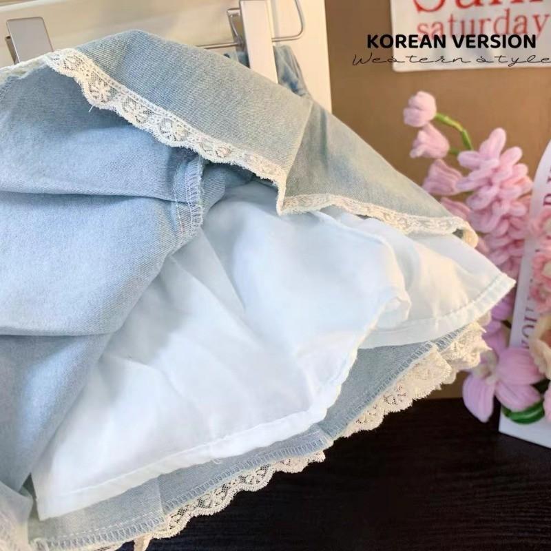Girls Sets Kuromi Cute Lace Cartoon Slings Contrasting Color Tank Tops Sweet Bow Fashion Denim Skirts with Inner Shorts Kids Cool 2pcs 8