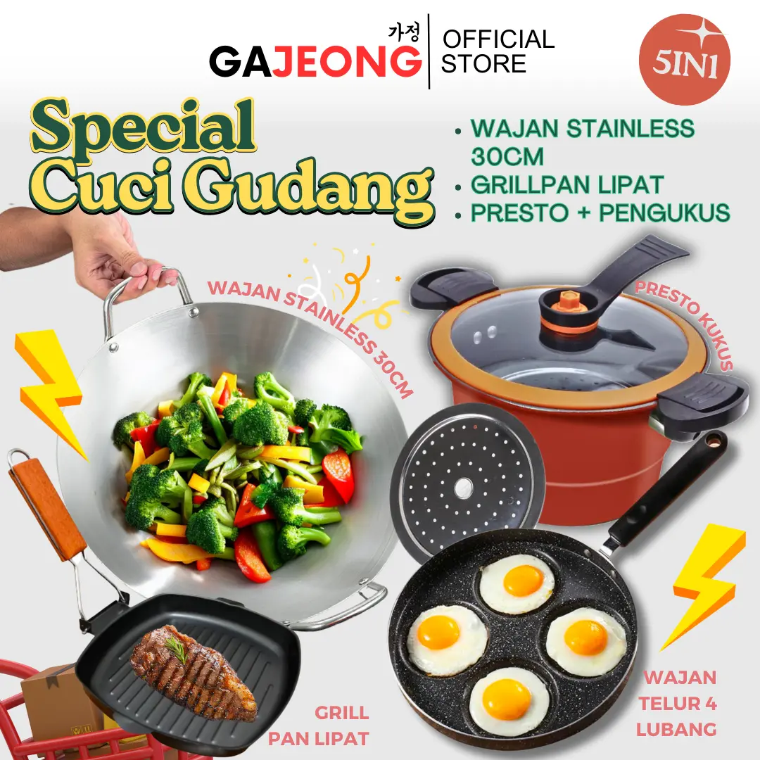 [BELI LOKAL] GAJEONG (COD) Wajan Stainless steel 30CM Grillpan lipat presto pengukus 3.5L wajan telur 4 lubang anti lengket PFOA FREE  Viral BUNDLINGnasi penggorengan [BUNDLE]