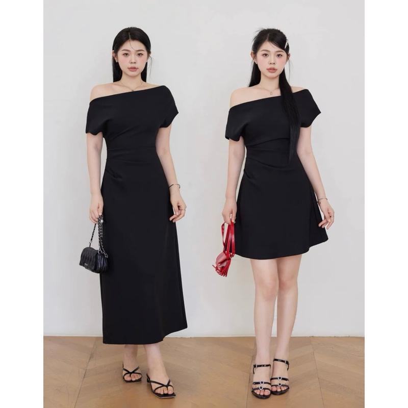 CHANBIGSIZE 55-85kg Đầm lệch vai chiết eo thanh lịch sang trọng bigsize