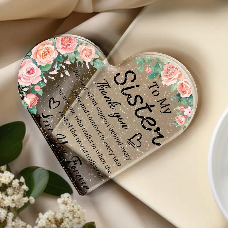 Flower & Letter Pattern Acrylic Decor Sign, Heart Shaped To My Sister Thank You Gift, Sister Friendship Plaque for Women, Desk Ornament, Memorial Gift 5