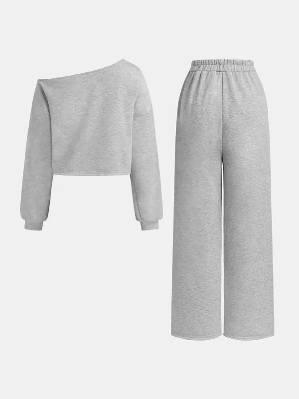 YOZY Women's Solid Asymmetrical Neck Sweatshirt & Elastic Waist Pants Two-piece Set, Casual Long Sleeve Pullover & Pocket Trousers for Fall & Winter, Women's Clothes for Daily Wear 1