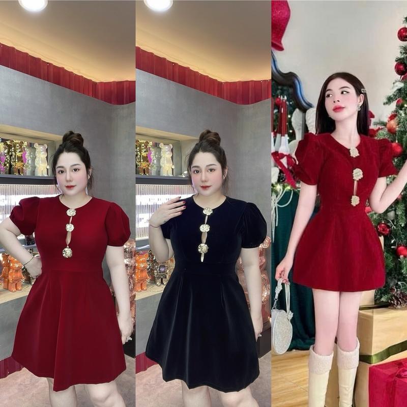 60-90KG ĐẦM THIẾT KẾ ĐI TIỆC NHUNG 3 Charm Vàng DÁNG XÒE ĐƠN GIẢN SANG TRỌNG BIGSIZE VƯƠNG NGỌC HÂN Nữ Women Dress