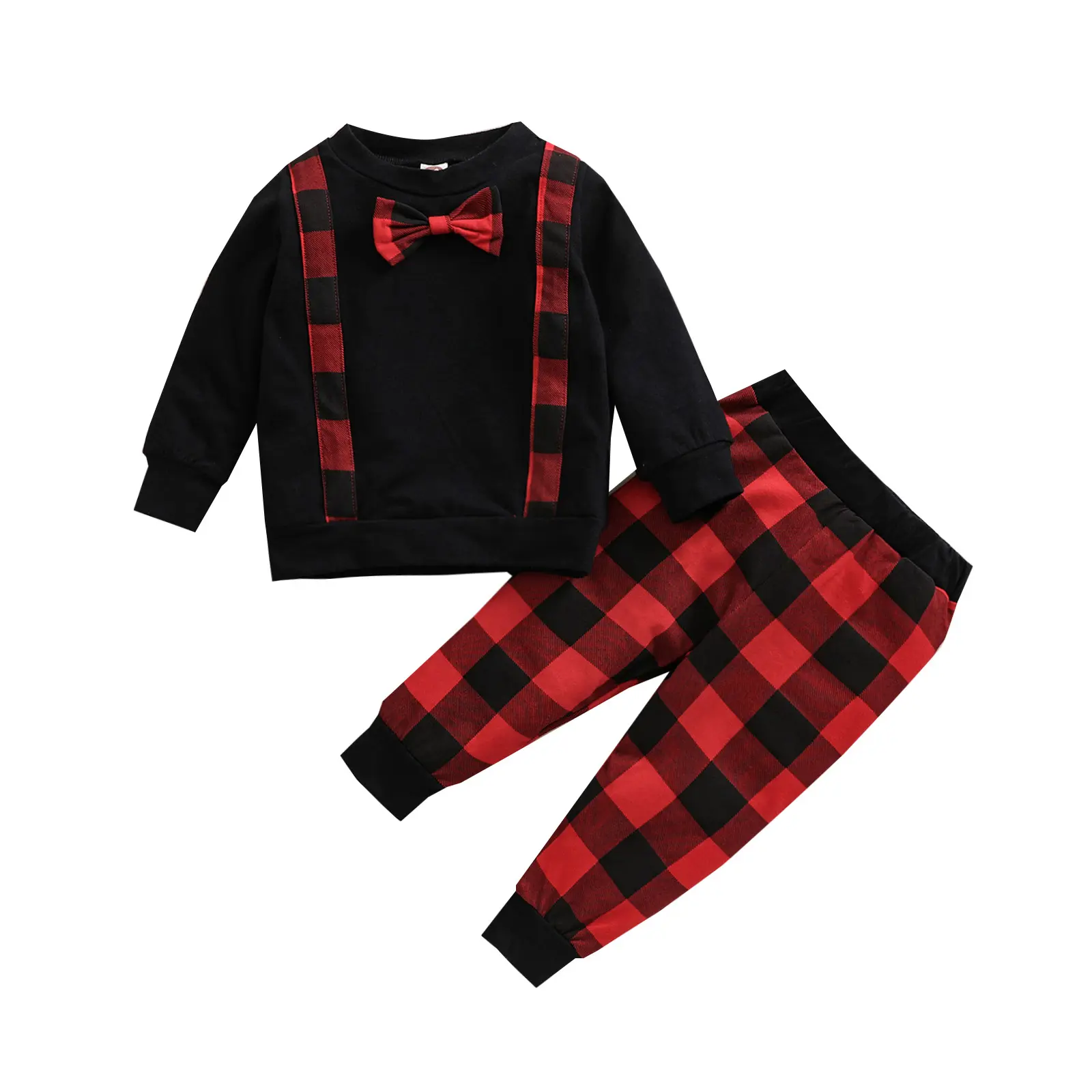 Kid Christmas Long Sleeve + Trousers, Plaid Print Bow Neck Decoration