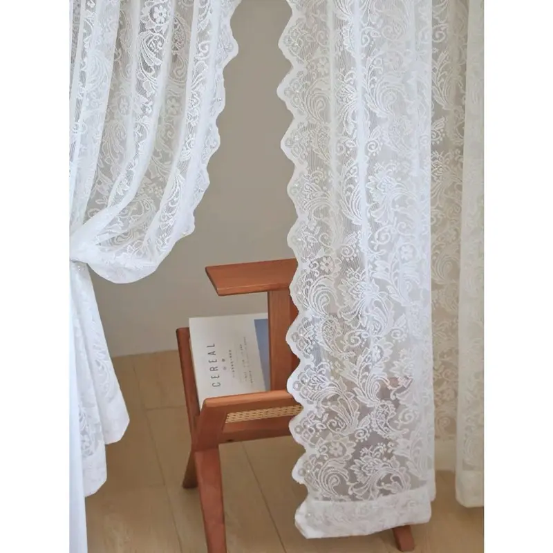 Rèm voan trắng dán tường, rèm họa tiết, Hoa đính kèm hạt, Rèm công chúa màu trà sưɑ~ tại Myahome,tặng dây buộc rèm 2