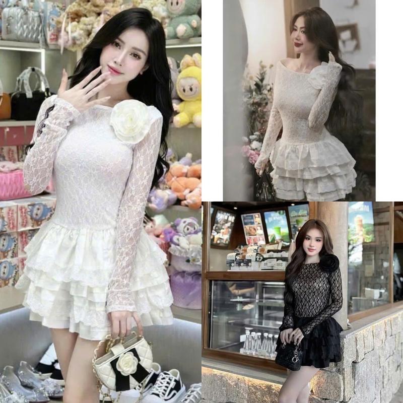  P96 - Đầm ren đính hoa nổi dài tay body chân váy xòe tầng xinh xắn Nữ Women 
