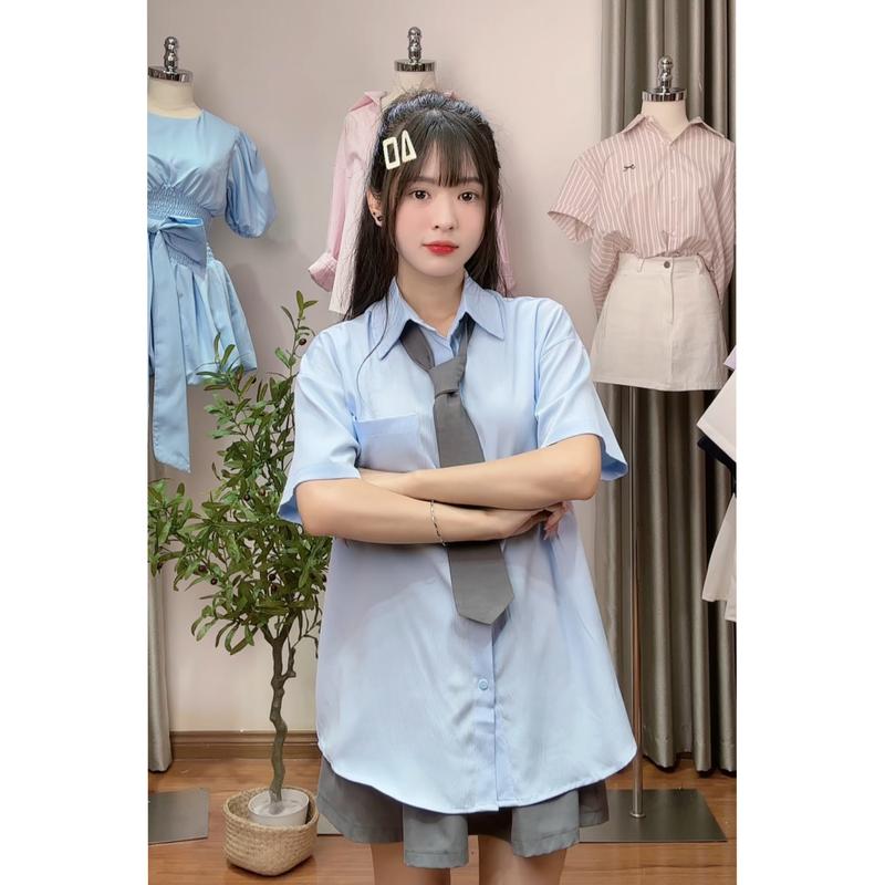 XẢ KHO (KÈM CÀ VẠT) Set Áo kiểu nữ sơ mi chất đũi sần kèm chân váy tennis form rộng ngắn tay 4 màu Hàn Quốc Kozoda Women S202 Kem Top Kem Top