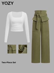 YOZY Women's Solid Ruched Tee & Pocket Wide Leg Pants Two-piece Set, Long Sleeve Top & High Waist Trousers for Fall & Winter, Women's Clothes for Daily Wear