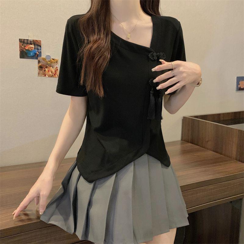 Product Introduction of Women's New Chinese Button Irregular Short T-shirt Fat Mm Cover Belly V-neck Top Womenswear Blouse Check Flat 25