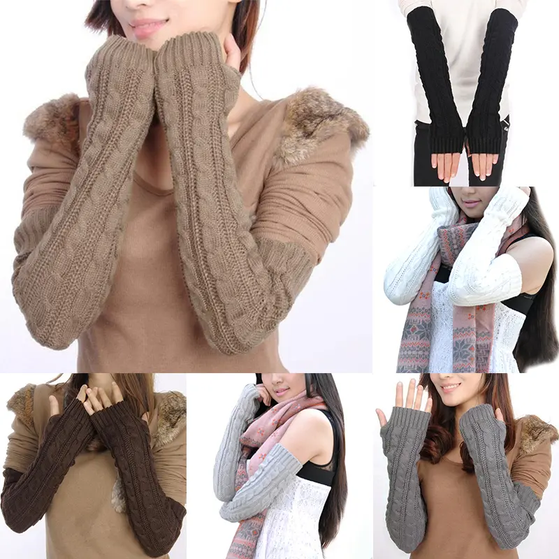 Women Knitted Crochet Braided Arm Warmers Hand Knitted Half Glove Grey Black Winter Warmer