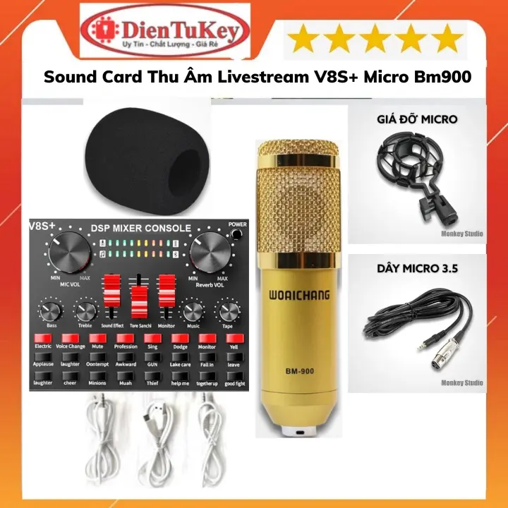 Combo micro thu âm BM900 Woaichang + Sound card V8+ Có Bluetooth, Pin, livestream, có auto-tune