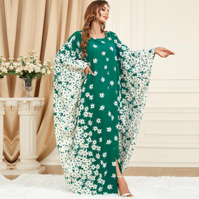 3421 Muslim Middle East Discount Fashion Clothing Green Batwing Sleeve Loose Fashion plus Size Dress 1