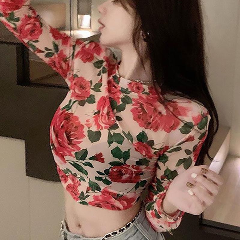 Áo Thun Dài Tay Cổ Tròn Cho Nữ, Áo Crop Top Mỏng, Retro, Hoa, Mùa Xuân 5