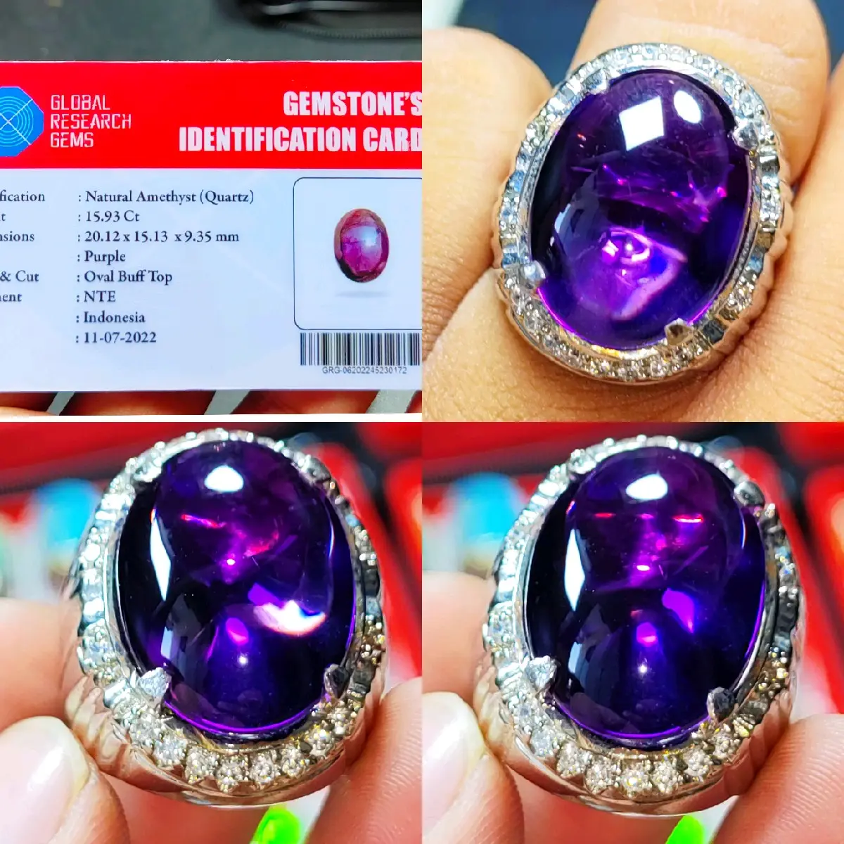 Batu Permata Alam Amethyst Ungu Asli + Sertifikat - Crystal, Cincin, Anting