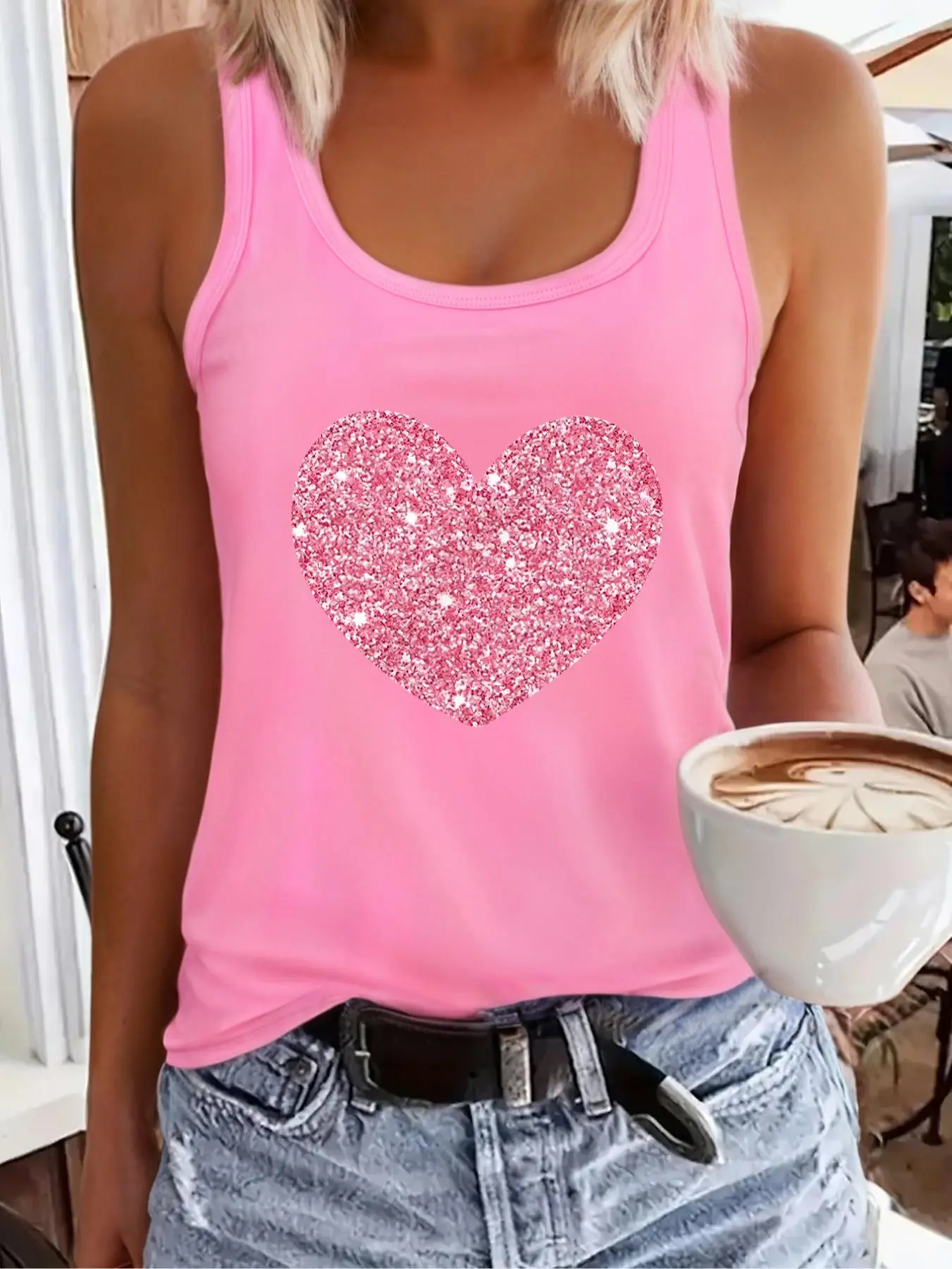 Women's Heart Print Tank Top, Casual Sleeveless Top for Daily Wear, Ladies Clothes for All Seasons, Going Out Tops