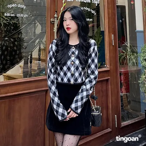 TINGOAN x TIKTOKSHOP - Áo cardigan set len xù crop kẻ quả trám quây LOVE YOU BACK CARDIGAN phiên bản mới nhất tháng 10 năm 2023