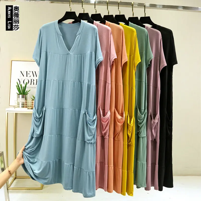 Modal Short-Sleeved V-Neck Pocket Loose Home Nightdress Korean Version Summer Large Size Extra Long Cake Dress Basic Collar Basic Collar