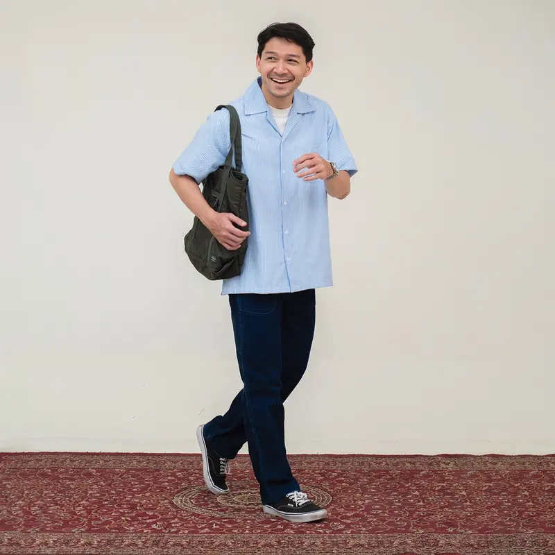 Kemeja Garis Pria WOODCUTTER Open Collar Ratcher Stripes - Blue Pendek 2