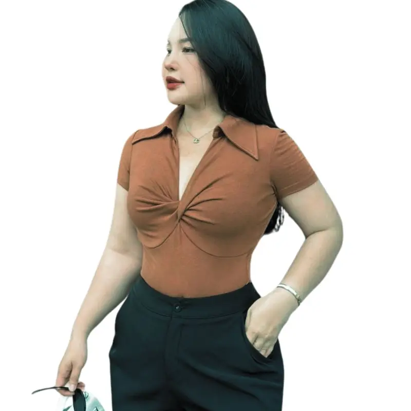 Áo Thun Nữ Bigsize Tay Ngắn Xoắn Trước Cổ Bẻ ESHOP Áo Kiểu Nữ Bigsize 45-85Kg Áo Phong Nữ Ôm Body Co Giãn Mùa Hè Đẹp Dễ Thương MS229 Top Áo Nữ Women 5