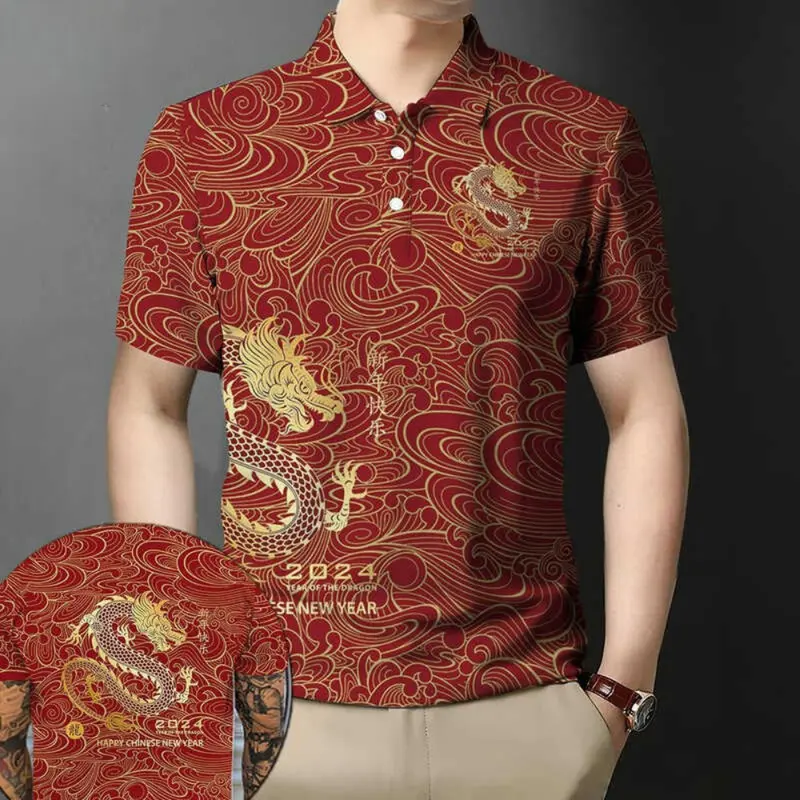 Áo Thun Nam, Phong Cách Hàn Quốc, Thể Thao Ngoài Trời, In 3D, Họa Tiết Rồng, Màu Đỏ, Áo Ngắn Tay, Thích Hợp Cho Quần Áo Ngày Lễ, Áo Polo Nam Thường Ngày Menswear Có Cổ Shirt 1