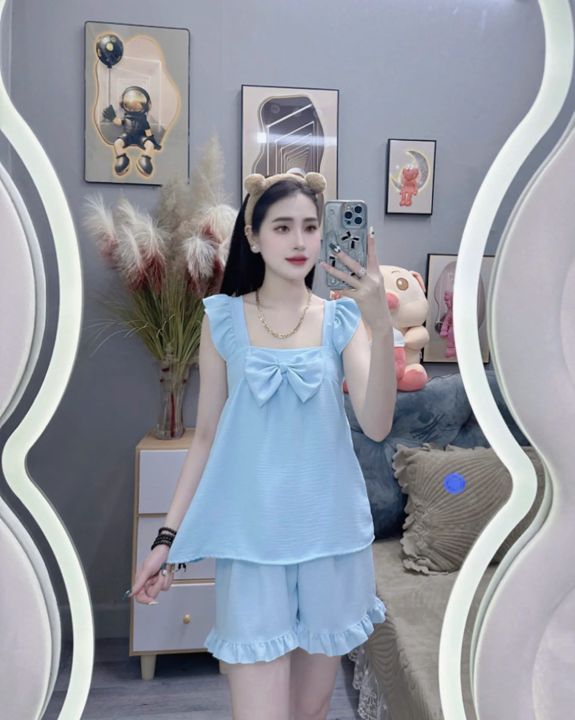 đồ bộ pijama tay ngắn nữ tính cánh tiên nơ vải đũi dễ thương, thoải mái, sang trọng
