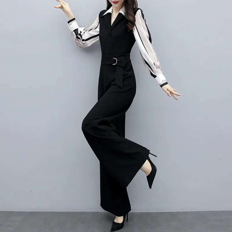 Áo Jumpsuit Quần Nữ, Bộ Sưu Tập Mùa Mùa Xuân Và Mùa Hè 2023, Thời Trang Hàn Quốc Mới, Thường Ngày Màu Đen, Cạp Cao, Quần Ống Rộng, Bộ Đồ