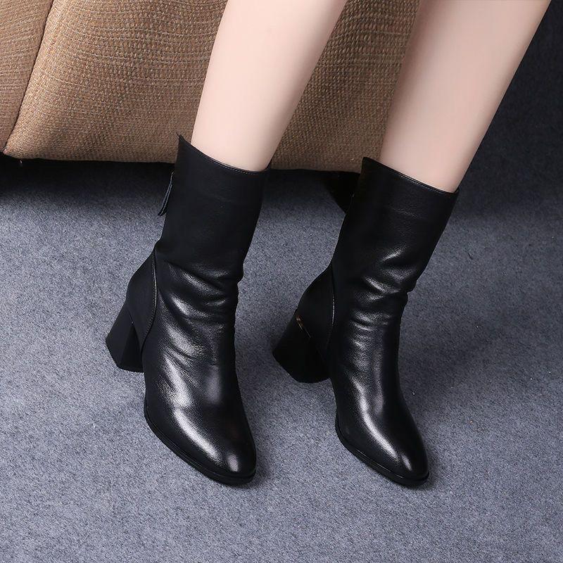 Bốt Cao Su Tổng Hợp, Bốt Cao Đến Mắt Cá Chân Mũi Nhọn Gót Chunky, Giày Da Gót Trung Bình Bốt Martin, Dành Cho Nữ, Bộ Sưu Tập Thu Đông, Hàng Mới Về 2023 3