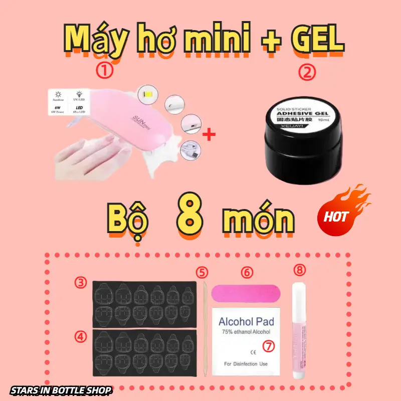 Bộ dụng cụ dán móng Nailbox chuyên dụng,siêu bền  [Bộ 8 món đặc biệt] MÁY HƠ +GEL+ que gỗ + Dũa móng tay +Bông cồn+ Keo dán