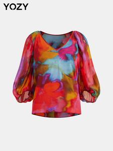 YOZY Women's Tie Dye Print Bishop Sleeve V Neck Blouse, Elegant Long Sleeve Top for Summer, Ladies Clothes for Daily Wear