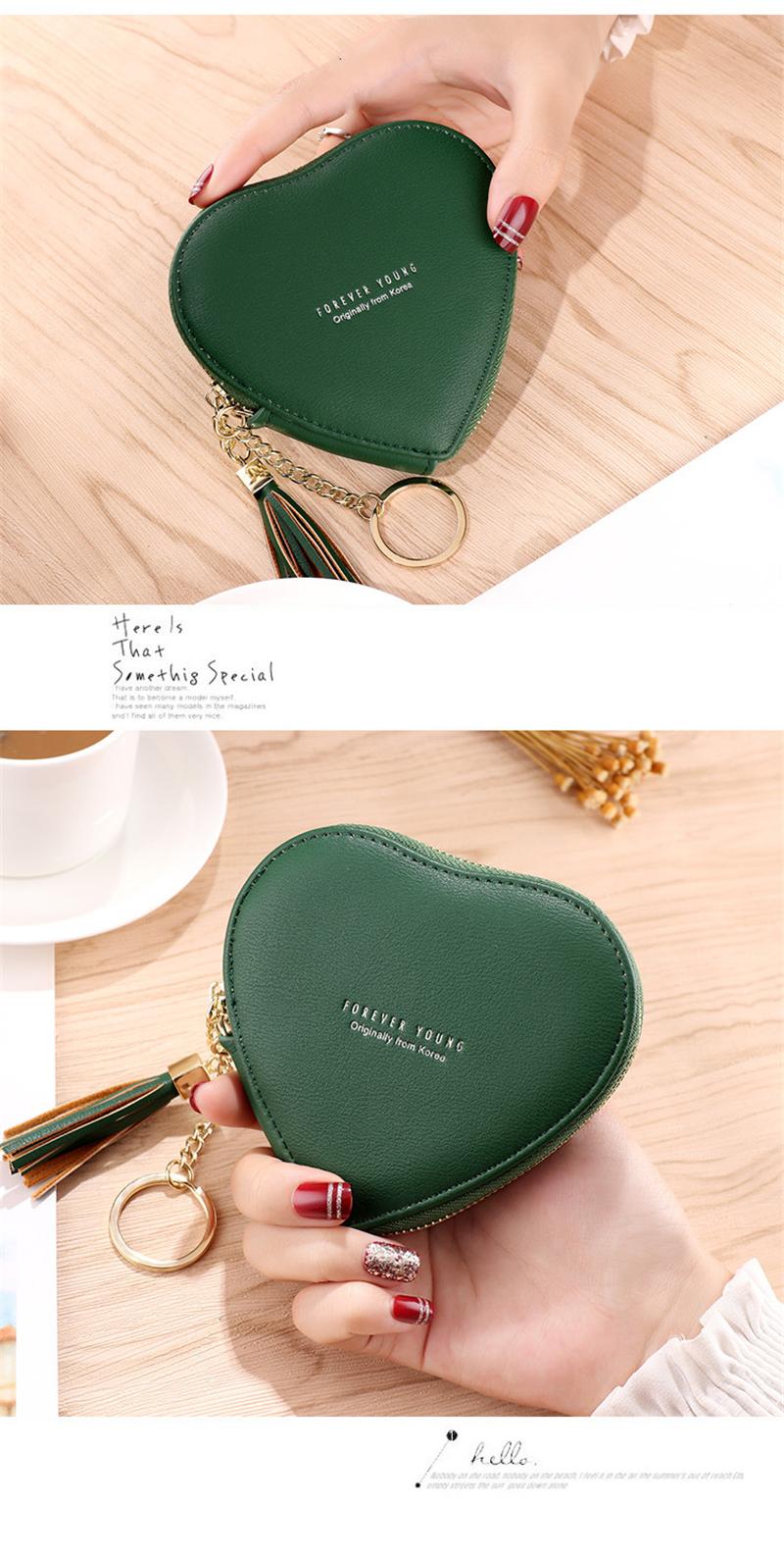 Product Introduction of Fashion heart-shaped female purse PU leather tassel mini clutch keychain coin purse 3