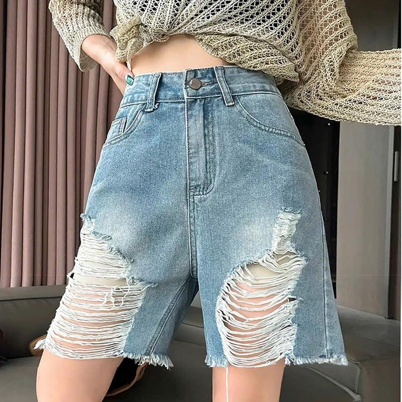  Quần Short Đùi Ngố Jean nữ Phom Rộng Thời Trang BigSize Rách Tơi Tả siêu hot 0027 0087 Denim Pants Women Tua Rua quần  short dài quần  short ngắn đến đầu gối Cotton quần  rin 