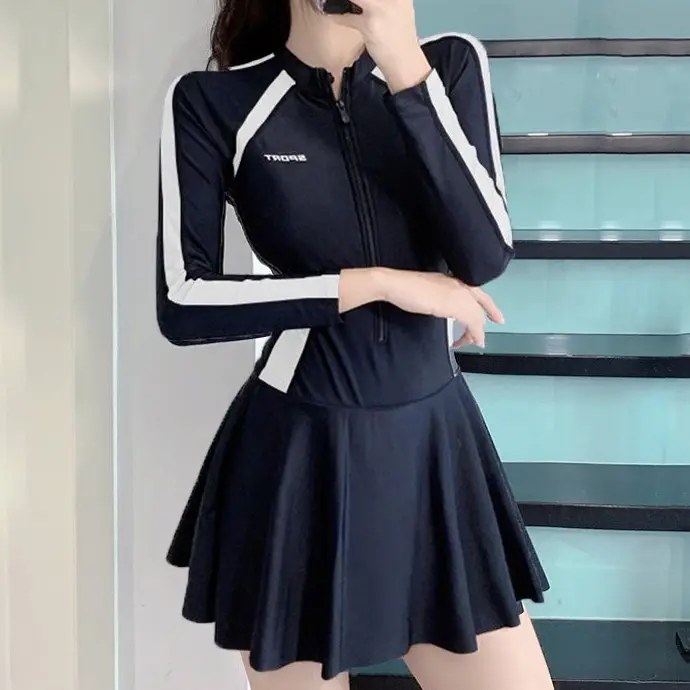 Sweet Letter Long Sleeve Zipper Skirt Swimsuit Color Blocking Beachwear Hot Spring Swimwear with Padded Korean Style Swimming Pool Swimwear Swimming