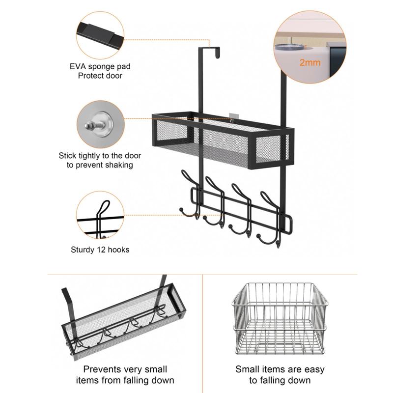 Product Introduction of Over The Door Hooks Organizer, Multifunctional Wall Mounted Storage Rack with 12 Hooks & Mesh Basket, Hanging Shelf, Home Organizer for Bathroom, Bedroom, Kitchen, Office, Hotel, Dormitory, Interior Decoration Items 13