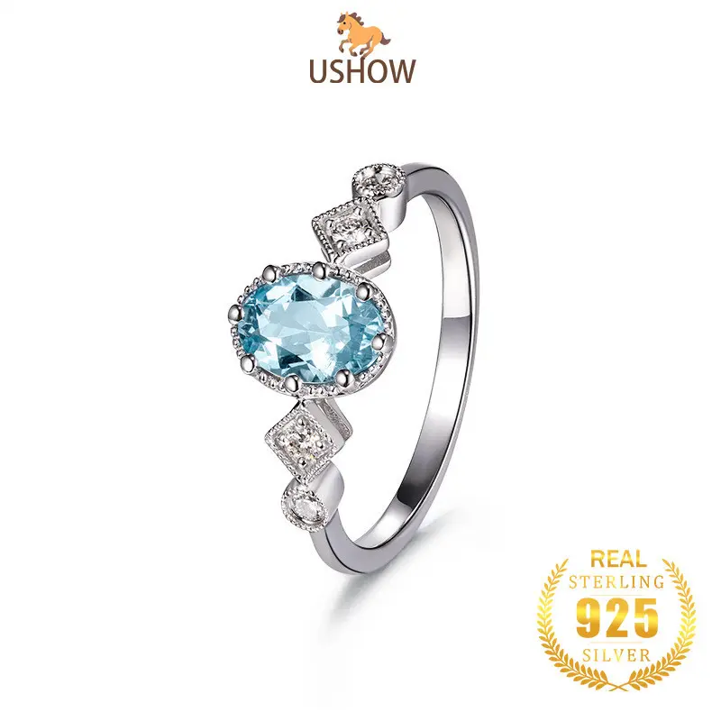 USHOW Cincin Terbuka Perak S925 Produk Baru Aquamarine Topaz Untuk Wanita