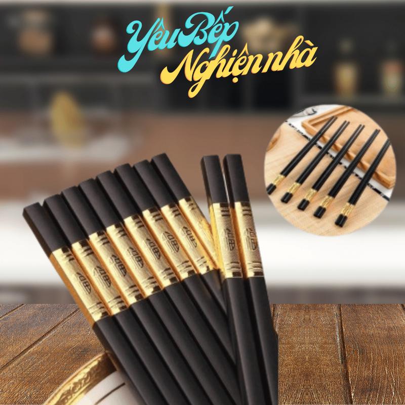 [HCM] Bộ 10 Đôi Đũa Mạ Vàng Hàn Quốc Nhựa Đen Nhật Cao Cấp Chống Trơn Chống Mốc Chịu Nhiệt