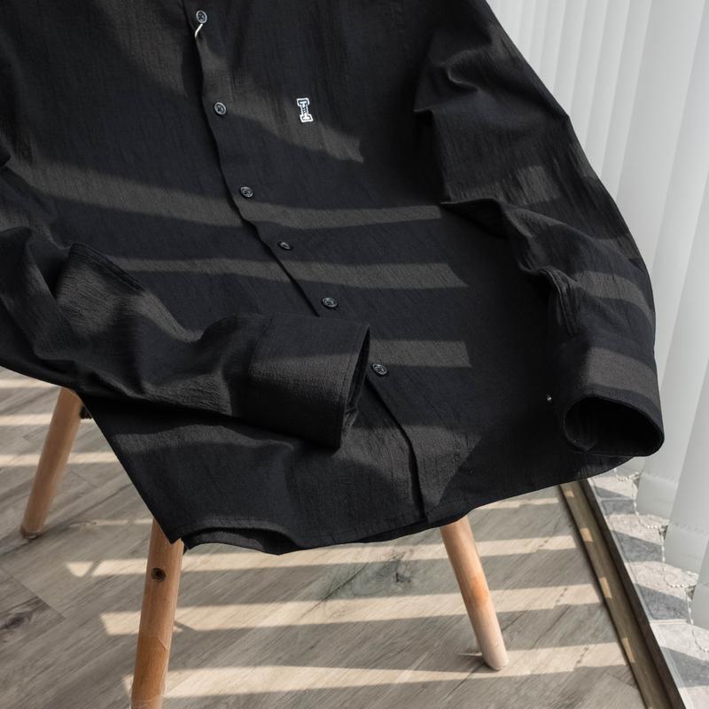 ICANO MENSWEAR Áo Sơ Mi Cổ Tàu Dài Tay Vải Linen Co Giãn Màu Đen 3