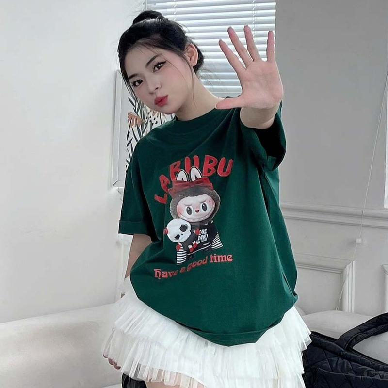 Áo thun Junos in hình LABUBU Chestnut Cocoa cotton nữ siêu cute kiểu unisex form oversize cổ tròn top Women. 6
