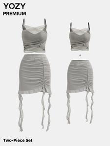 Two-Piece Set YOZY Women's Solid Color Crop Top & Skirt, Casual Fashion Cozy for Daily Outdoor Wear, Ladies Clothes for All Seasons