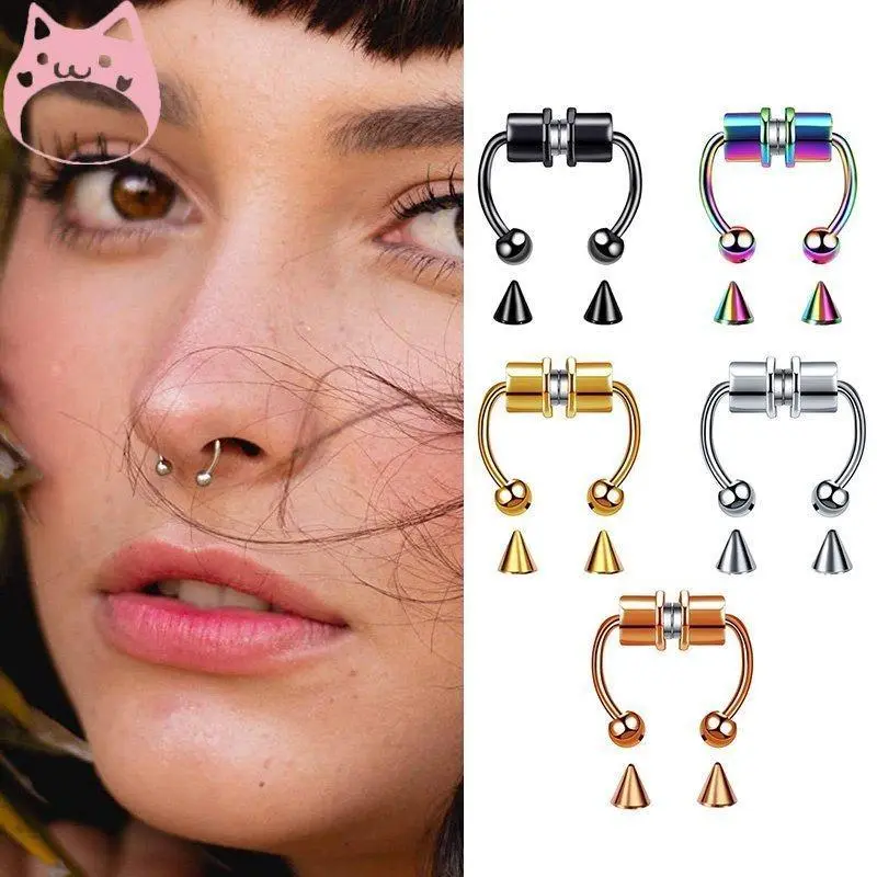 1Pc Septum Horseshoe Fake Nose Rings 316L Stainless Steel Faux Septum Rings Non-Piercing Clip On Nose Hoop Rings For Women Men Fake Septum Nose Hoop Rings Fake Nose