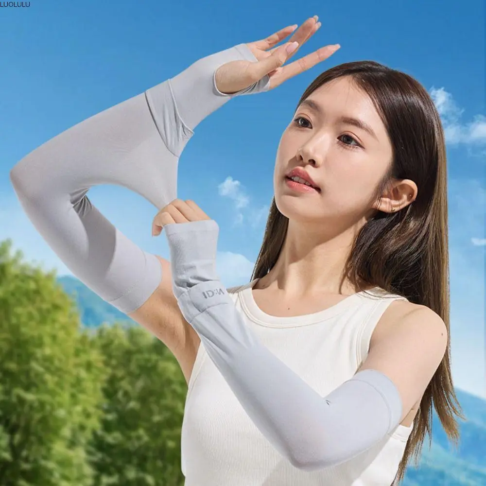 LUOLULU Long Solid Color Ice Silk Sleeves Letter Anti-UV Sunscreen Sleeve Long-sleeved Glove Cycling Gloves Sun Protection Cover Girls