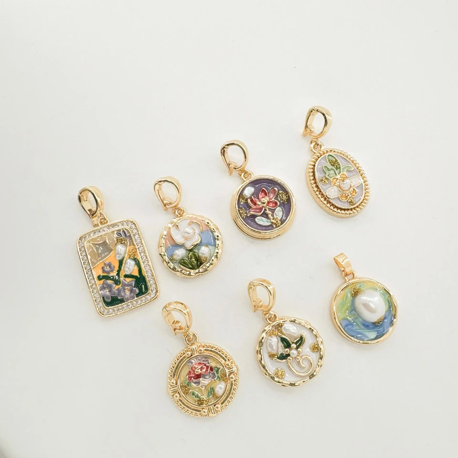 18K Hand Painted Enamel with Natural Pearl DIY Pendant Accessory