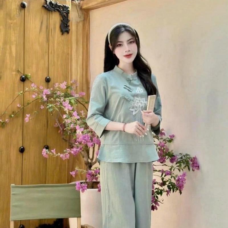Bộ lam đi chùa nữ BEBE đũi vân mây thêu hoa sen cổ tàu nút thắt kết hợp quần hai túi trang trọng đồlam 4