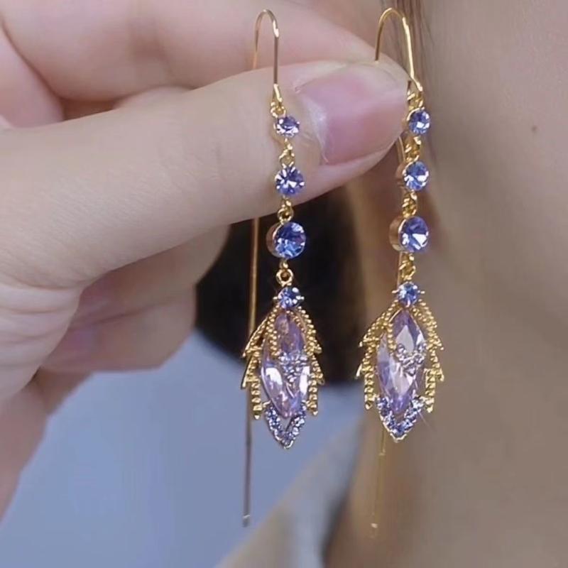 Product Introduction of Hot-Selling Purple Zircon Maple Leaf Threader Earrings New Long Tassel Versatile Elegant Earrings Exquisite Design Women's Earrings 0