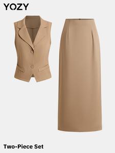 YOZY V Neck Lapel Collar Blazer Vest & Pleated Maxi Skirt Dress Set/ Elegant Fashion Button Front Pocket Tank Top & Maxi Skirt Matching Set, 2024 Women's Work Office Business Wear for Summer & Fall